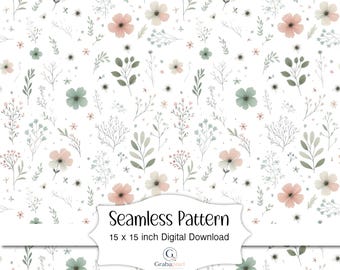 Papel digital floral con estampado floral sin costuras en tonos pastel, fondo botánico estilo cottagecore, tela imprimible para álbum de recortes con acuarela.