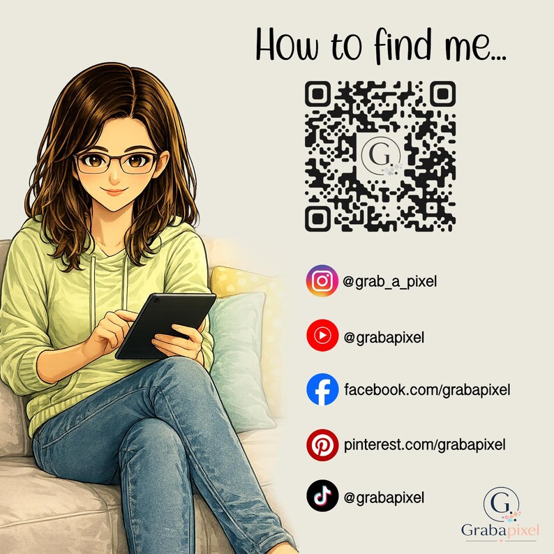 K&ouml;nnte beinhalten: Illustration einer Person mit Brille, die ein Tablet h&auml;lt, mit dem Text "How to find me..." und Social-Media-Symbolen f&uuml;r Instagram, YouTube, Facebook, Pinterest und TikTok. Ein QR-Code ist ebenfalls vorhanden.
