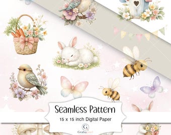 Whimsical Woodland Seamless Pattern Digital Paper Bunny Bird Butterfly Cottagecore Printable Background