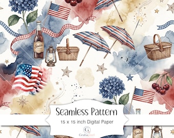 Patriotic Picnic Seamless Pattern Digital Paper Americana Summer Background 4th of July Scrapbook Pattern
