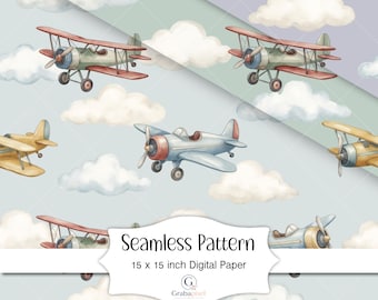 Papel digital de acuarela con estampado sin costuras de aviones antiguos y aviación retro. Fondo de pantalla infantil con cielo para descargar.