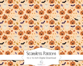 Patrón sin costuras de calabaza de Halloween, lindo fantasma, papel digital, tela de calabaza de Halloween, fondo de otoño de caramelos de maíz, sublimación, uso comercial.