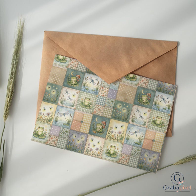 K&ouml;nnte beinhalten: Eine dekorative Gru&szlig;karte mit einem Patchwork-Design mit Fr&ouml;schen, Libellen und Pilzen. Die Karte liegt auf einem braunen Umschlag. Das Design der Karte umfasst sanfte Pastellfarben und skurrile Illustrationen.
