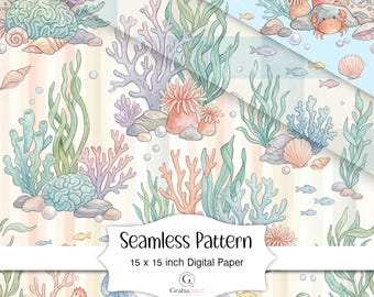 Ocean Coral Reef Seamless Pattern Coastal Nursery Wallpaper Watercolor Sea Life Digital Paper Underwater Beach Background Download