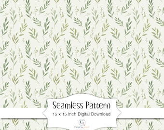 Papel pintado digital botánico con estampado de hojas verde salvia sin costuras, acuarela, estilo cottagecore, ideal para papel pintado, tela y envoltorios de álbumes de recortes.