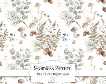 Woodland Seamless Pattern Cottagecore Digital Paper Mushroom Forest Wallpaper Botanical Autumn Nature Print