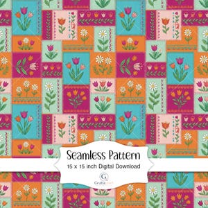 Spring Floral Patchwork Seamless Pattern Digital Paper Cottagecore Quilt Watercolor Tulip Daisy Scrapbook Background Printable