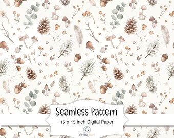 Woodland Seamless Pattern Forest Digital Paper Neutral Nursery Pattern Watercolor Mushroom Acorn Nature Background
