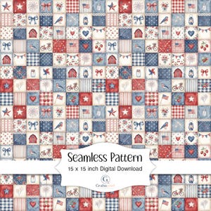 4th of July Quilt Seamless Pattern Digital Paper Americana Patchwork Scrapbook Background Farmhouse Decor