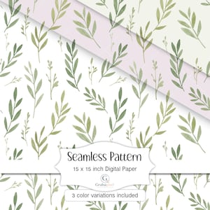 Puede incluir: Papel digital con un patrón sin costuras de hojas verdes de acuarela sobre un fondo blanco. La imagen incluye una etiqueta que dice "Seamless Pattern" y "15 x 15 inch Digital Paper". La etiqueta también indica que "3 color variations included".