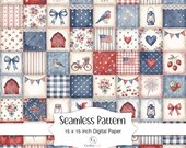 4th of July Seamless Pattern Digital Paper Patriotic Patchwork Watercolor USA Red Blue Scrapbook Background Design