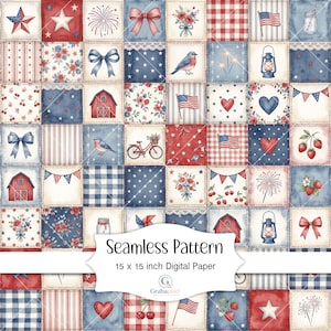 May include: A seamless digital paper pattern featuring a patchwork design with patriotic motifs. The squares include stars, bows, flags, hearts, and floral elements in red, white, and blue. The text reads "Seamless Pattern 15 x 15 inch Digital Paper".