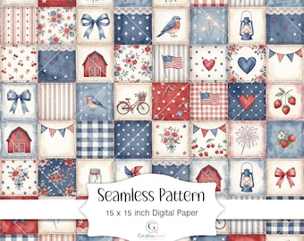 Patriotic Quilt Seamless Pattern Digital Paper Americana Patchwork 4th of July Scrapbook Background Farmhouse Decor
