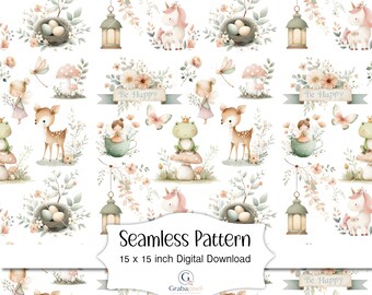 Papel digital infantil con estampado sin costuras de bosque encantado en acuarela, animales del bosque de hadas, setas y fondo floral.