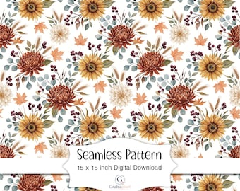 Diseño textil imprimible con estampado sin costuras de girasoles otoñales en acuarela. Papel digital floral otoñal. Diseño de tela para cosecha de crisantemos.
