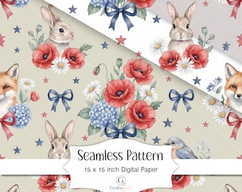 Patriotic Bunny Seamless Pattern Americana Woodland Digital Paper Fourth Of July Rabbit Fox Floral Nursery Wallpaper Download