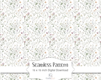 Patrón sin costuras de pradera de flores silvestres, acuarela botánica, descarga digital, delicado estampado floral estilo cottagecore para tela.