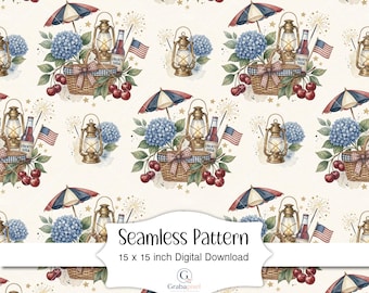 Patrón sin costuras de picnic patriótico, acuarela, descarga digital del 4 de julio, tela americana de verano, fondo textil