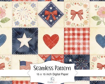 Patriotic Quilt Seamless Pattern Digital Paper Americana Patchwork Pattern 4th of July Scrapbook Background