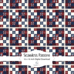 Patrón sin costuras de patchwork patriótico estilo americano, papel digital para patchwork, acuarela, estampado de tela en rojo, azul y blanco, fondo para álbum de recortes