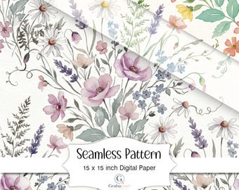 Watercolor Wildflower Seamless Pattern Cottagecore Floral Digital Paper Vintage Botanical Background Scrapbook Printable