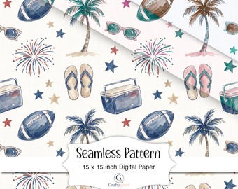 Patriotic Football Seamless Pattern Fourth Of July Digital Paper Watercolor Game Day Background Americana Summer Decor Download