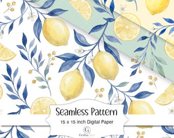 Papel digital con estampado de limones sin costuras en acuarela, fondo botánico azul, fondo de pantalla de cocina mediterránea para descargar.