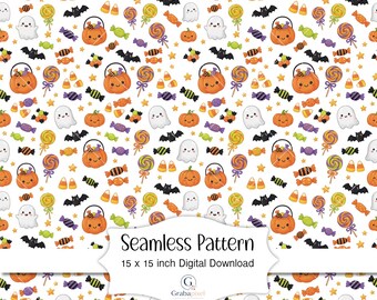 Diseño sin costuras de Halloween con estampado de dulces y caramelos, papel digital con estampado de fantasmas, calabazas y murciélagos, tela infantil para sublimación, fondo para uso comercial.