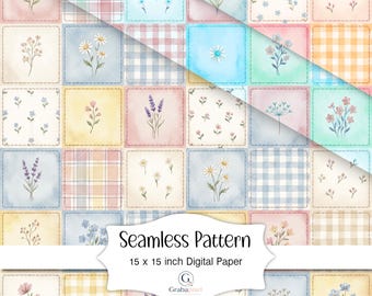 Papel digital con estampado floral patchwork sin costuras, acuarela, estilo cottagecore, fondo de edredón pastel, fondo de pantalla para guardería (descargable)