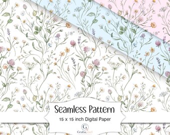 Wildflower Meadow Seamless Pattern Digital Paper Cottagecore Botanical Floral Printable Scrapbook Background