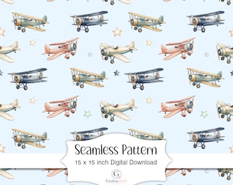 Diseño sin costuras de avión vintage, acuarela, biplano, avión, guardería, papel digital, tela de aviación, textil, diseño imprimible