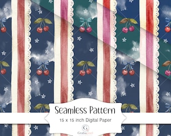Papel digital con estampado de cerezas sin costuras en acuarela, fondo de rayas vintage, fondo de pantalla estilo cottagecore, descarga gratuita.