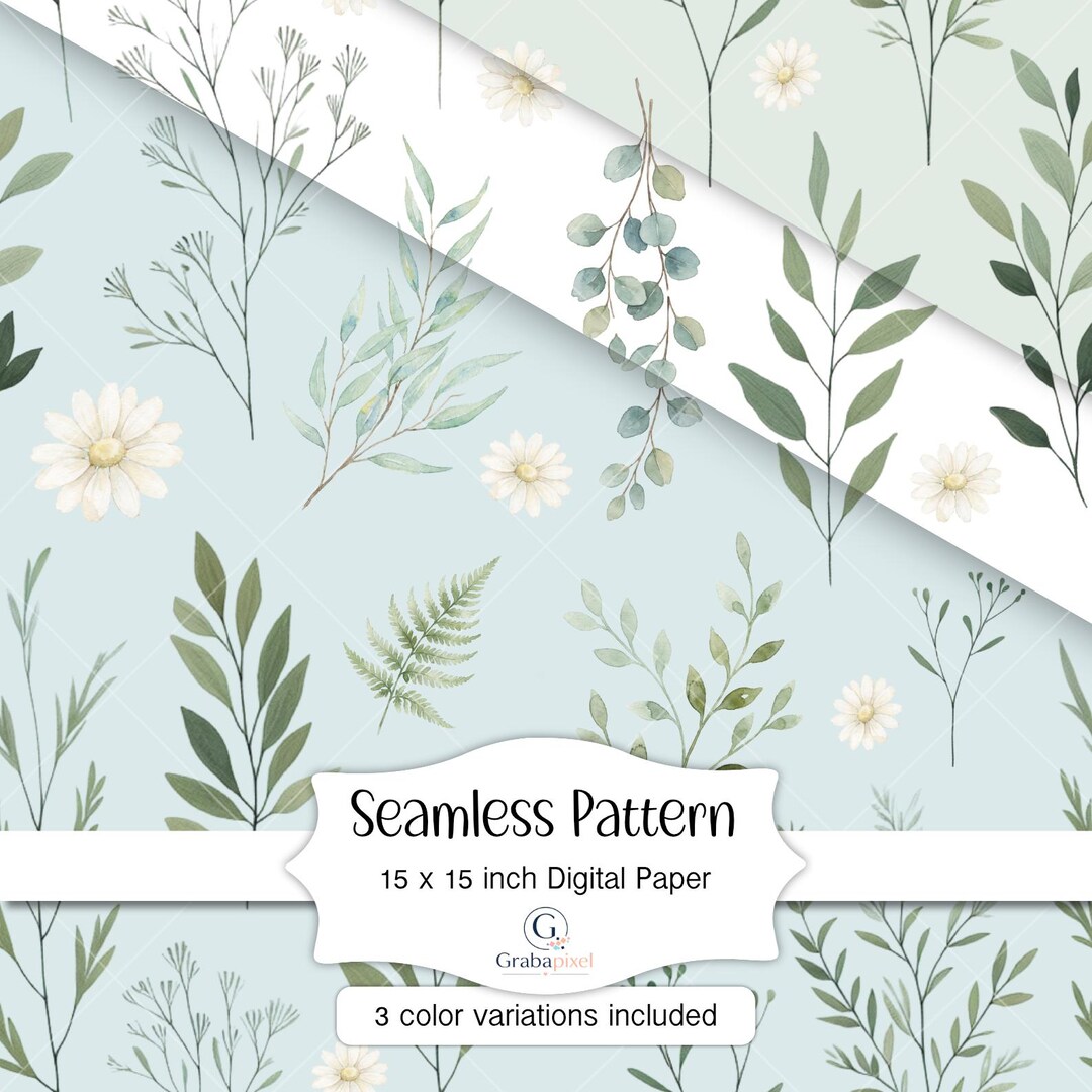 Botanical Daisy Seamless Pattern Digital Paper Watercolor Floral ...