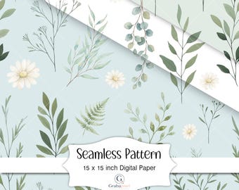 Botanical Daisy Seamless Pattern Digital Paper Watercolor Floral Background Sage Green Cottagecore Printable Paper