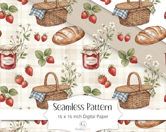Strawberry Picnic Seamless Pattern Digital Paper Cottagecore Kitchen Pattern Farmhouse Strawberry Jam Scrapbook Background