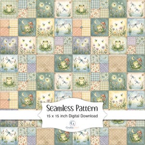 Motif patchwork grenouille sans couture, papier numérique, forêt, chambre d'enfant, aquarelle, libellule, luciole, quilt cottagecore, fond imprimable