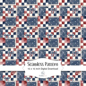 Patriotiskt lapptäcke sömlöst mönster digital nedladdning akvarell Americana Quilt stjärnor gingham rosetter röd vit blå scrapbookingpapper
