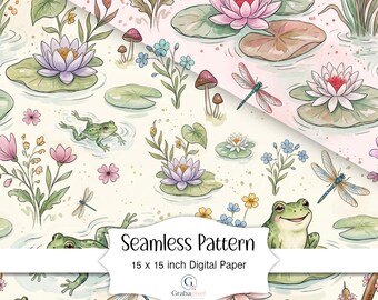 Water Lily Seamless Pattern Frog Pond Digital Paper Dragonfly Cottagecore Floral Nursery Wallpaper Botanical Nature Background Download