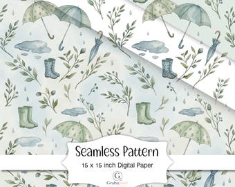 Rainy Day Seamless Pattern Digital Paper Watercolor Umbrella Pattern Cottagecore Rain Boots Scrapbook Background
