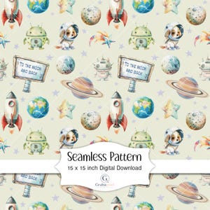 Space Nursery Seamless Pattern Watercolor Astronaut Robot Rocket Planet Digital Paper Galaxy Kids Wallpaper Fabric Background