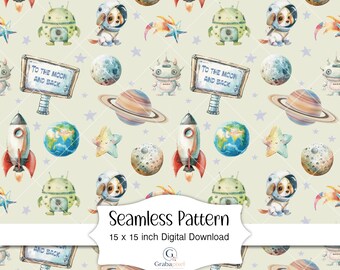Fondo de pantalla sin costuras de acuarela para guardería espacial: astronauta, robot, cohete, planeta, papel digital, galaxia, fondo de pantalla infantil de tela