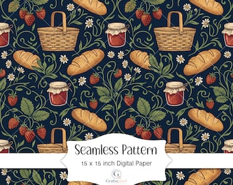 French Cottage Seamless Pattern Digital Paper Strawberry Picnic Farmhouse Botanical Background Rustic Kitchen Wallpaper Print
