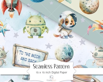 Space Nursery Seamless Pattern Digital Paper Cute Astronaut Puppy Watercolor Galaxy Background Kids Space Print