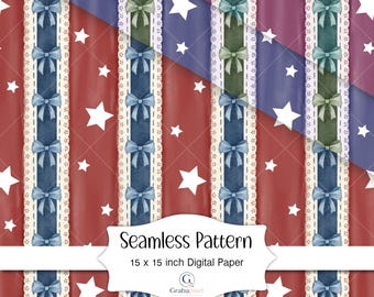 Patriotic Bow Stripe Seamless Pattern Americana Stars Watercolor Digital Paper Fourth Of July Nursery Wallpaper Background Download