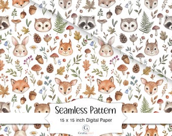 Woodland Animal Seamless Pattern Forest Nursery Wallpaper Watercolor Deer Fox Rabbit Owl Digital Paper Autumn Nature Background Download
