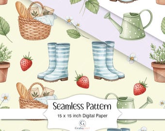 Cottage Garten Musterdesign Digitales Papier Aquarell Gartenarbeit Hintergrund Erdbeer Bauernhof Printable Paper