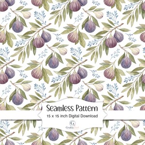 Fig Seamless Pattern Watercolor Fruit Digital Paper Mediterranean Botanical Vintage Figs Olive Leaves Fabric Print Repeat