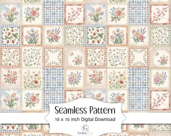 Patrón sin costuras de patchwork floral Descarga digital Estilo cottagecore Vintage Quilt Rosas Tulipanes Fresa Tela Papel para scrapbooking