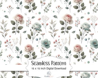 Papel pintado digital floral acuarela con estampado floral vintage sin costuras, estilo shabby chic cottagecore, fondo de tela con motivos botánicos.