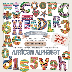 May include: A digital collection of watercolor alphabet letters and numbers featuring vibrant, multi-colored geometric patterns. The set includes 74 PNG images with transparent backgrounds, labeled as African Alphabet, with text stating Alphabet & Numbers Included.